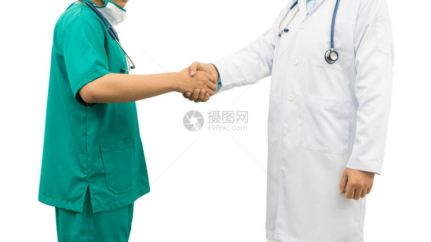 医生与外科医生握手的孤立图像图片