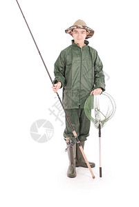 一位年轻快乐的渔夫拿着白底孤立的钓鱼杆长背景图片