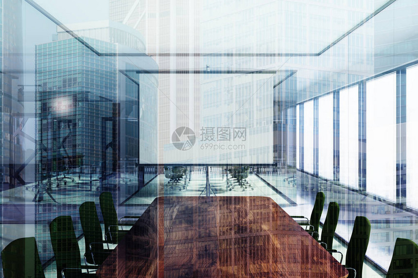 风格的办公室内部有混凝土地板玻璃墙和门长会议室桌和绿色扶手椅一个大的白色屏幕3d渲染模拟双图片