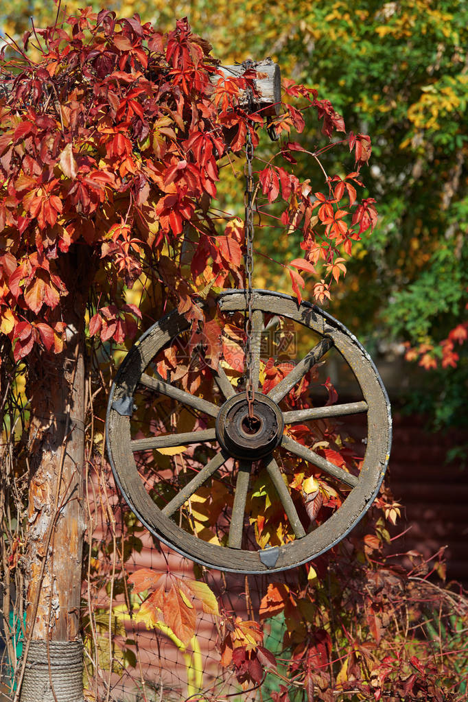 带木马车轮的秋季装饰图片
