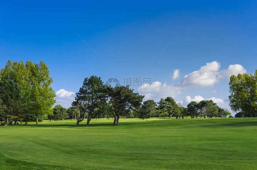 一个绿色的高尔夫球场在晴朗的晴天的一般看法田园诗般的夏日景色运动休闲休闲娱乐的概念图片