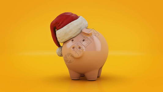 带圣诞老人帽子的粉色存钱罐3d渲染图片