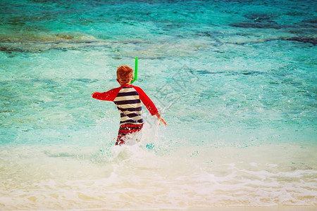 小男孩去热带海滩度假浮潜图片
