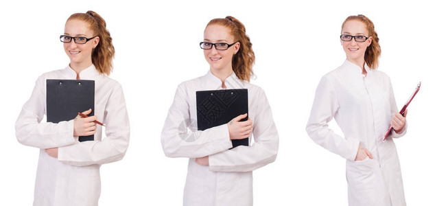 年轻医科学生在白色孤立图片