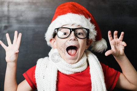戴着圣诞老人帽子和眼镜的小男孩看着照相机图片