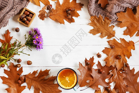 茶杯的顶端景色与秋叶图片
