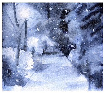 风景冬季公园贺卡水彩插图图片