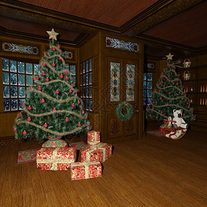 3D在窗户背景的温雪和轻光反射室里赠送一棵美丽的圣诞树和许多儿童玩具背景图片