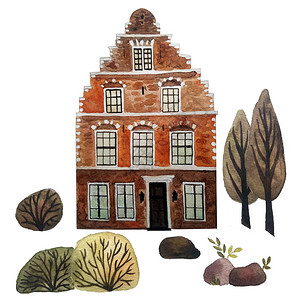 古荷兰砖房子在有树木和灌木的图片