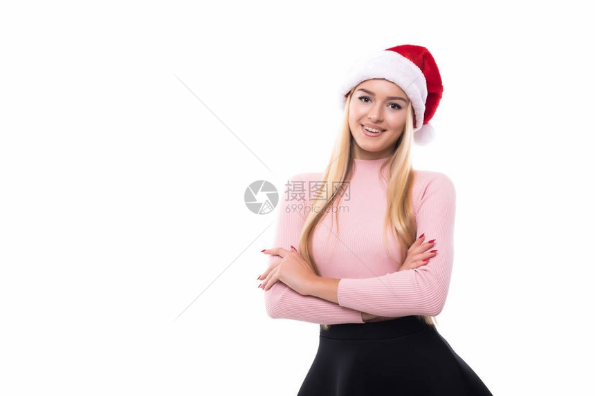 笑着孤立在白色上美丽的女孩看起来快乐和兴奋快乐的圣诞和新年图片