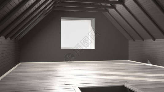 空荡的房间阁楼镶木地板和木天花板梁建筑白色和灰图片