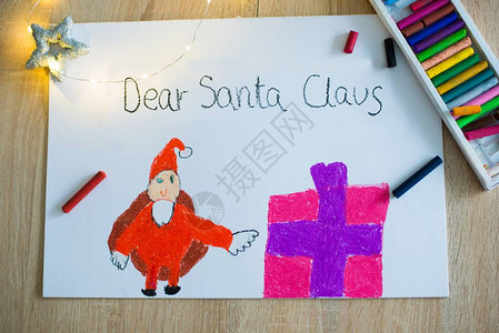 圣诞老人和礼物的儿童蜡笔画愿望清单图片