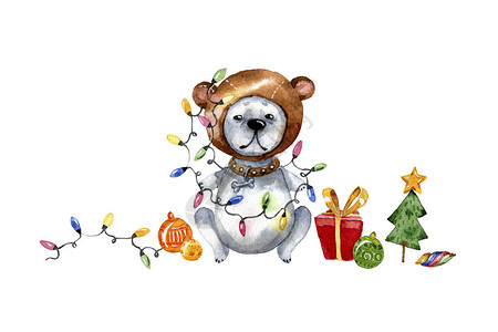 可爱的卡通小狗插图圣诞水彩画图片