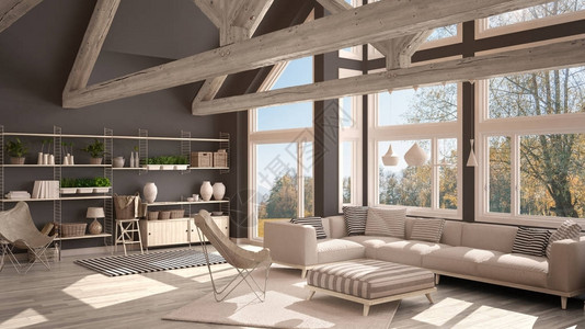 豪华生态屋客厅面板地和木屋顶小棚子秋天草原上的全景窗口现代白色和图片