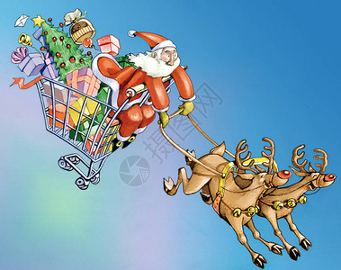圣诞老人被两头疯驯鹿拖到一辆购背景图片