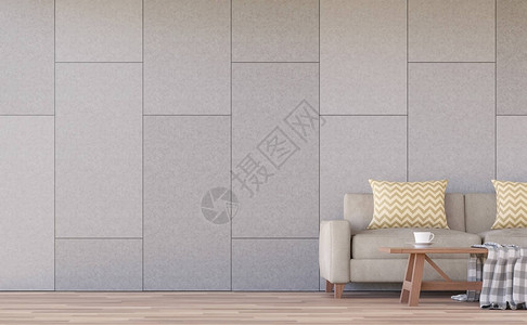 现代客厅内部3d渲染图像房间有木地板有混凝土墙在砖的图案中开槽配有浅棕色布背景图片