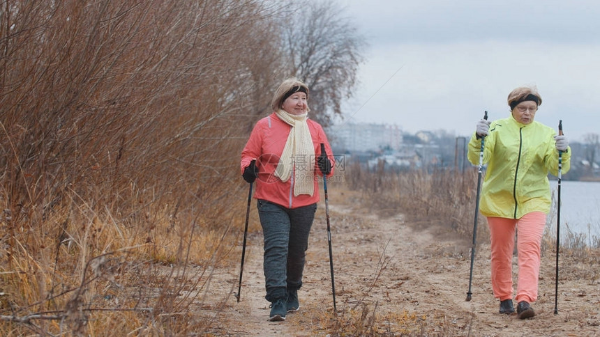 秋季公园的两名老年妇女接受现代健康训练图片