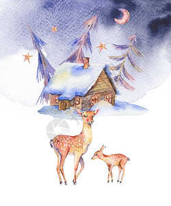 手绘小鹿线稿冬季水彩年卡背景