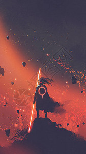 一个穿着斗篷的男子手持站在红色空间下的数字艺术风格插图画中图片