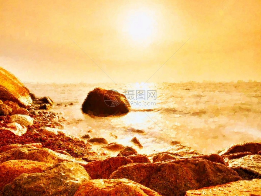 岛屿海岸的巨石从平滑的海面粘上恒温海岸与海洋潮浪相图片