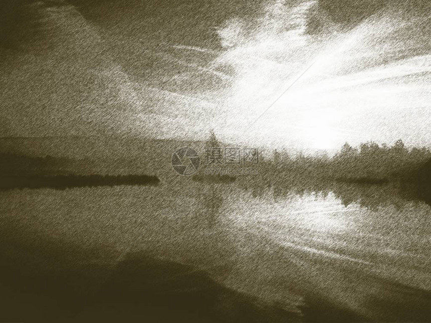 旧光刻技术的副本晨秋在梦幻般的气氛中的山湖图片