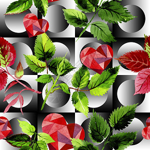 水彩风格的玫瑰图案的叶子背景纹理包装图案框架或边高清图片