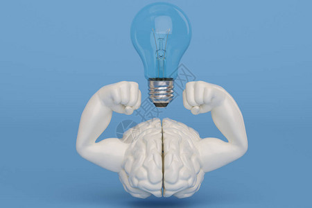 创意3D插图强肌肉大脑和灯泡图片
