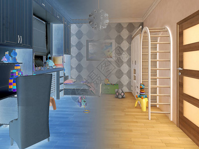 用条纹床和书架渲染儿童卧室3d插图图片