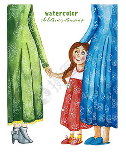 水彩儿童画的母亲和护士与孩子一个穿红裙和辫子的女孩图片
