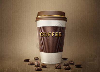 纸咖啡杯和咖啡豆被棕色隔离3d插图图片