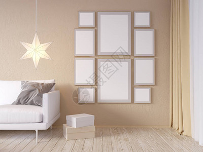 客厅内墙模拟灰色布艺沙发枕头和白色背景上的圣诞星背景图片