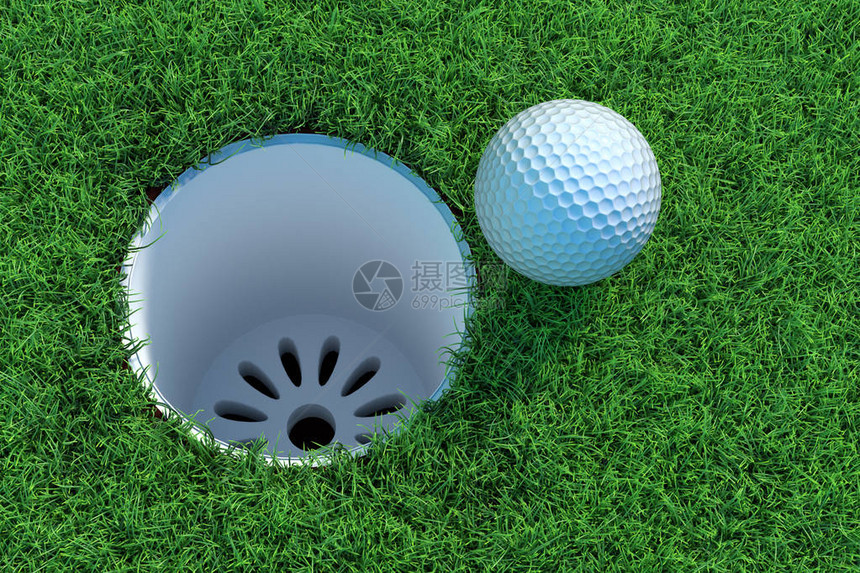 绿色草坪上的高尔夫球3D插图图片