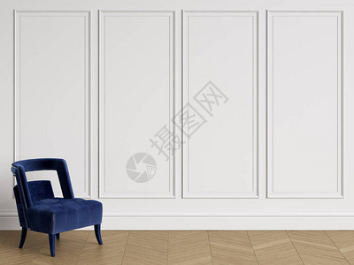 深蓝色的椅子在经典的室内与复制空间白色的墙壁与造型地板拼花人字形数字插图图片