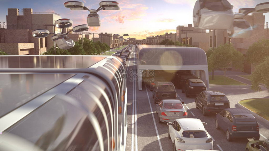 未来的城市公交车交通堵图片