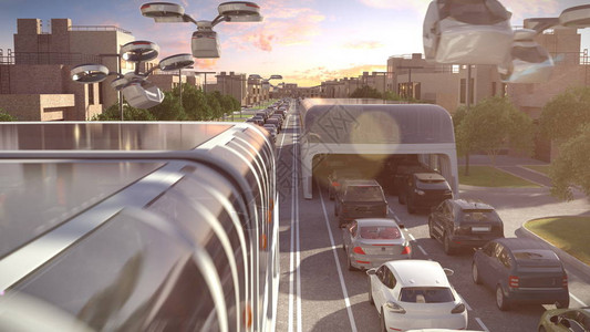 未来的城市公交车交通堵图片