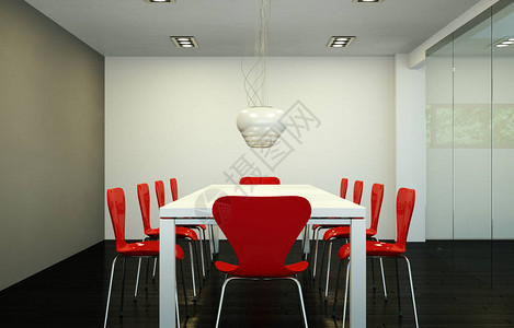 现代餐厅室内设计白色大桌子红色桌椅在3图片
