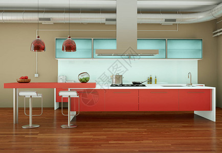 3d红色现代厨房在设计漂亮图片