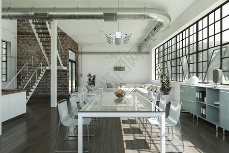 阁楼室内设计的现代明亮餐厅3d插图图片
