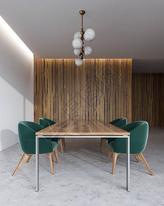 木制和白色墙壁办公室会议室内部配有混凝土地板特大号桌和绿色椅子模拟墙图片