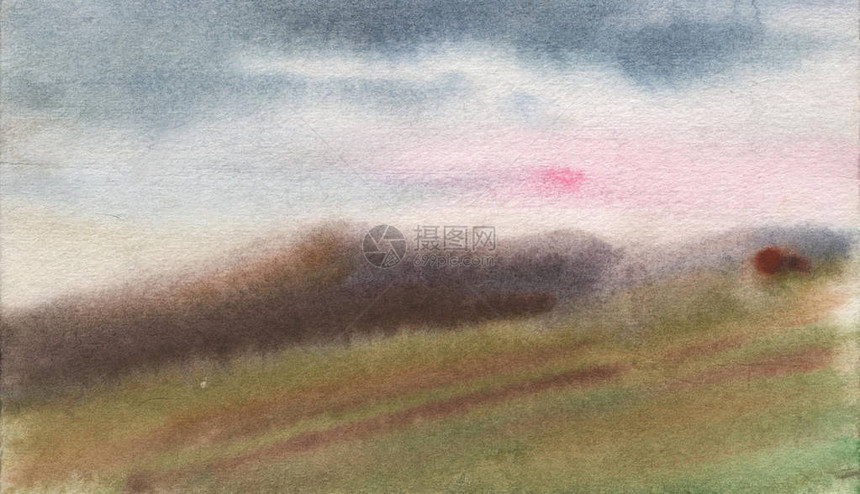 粉红色天空背景雾中的水彩背景场从自然界图片