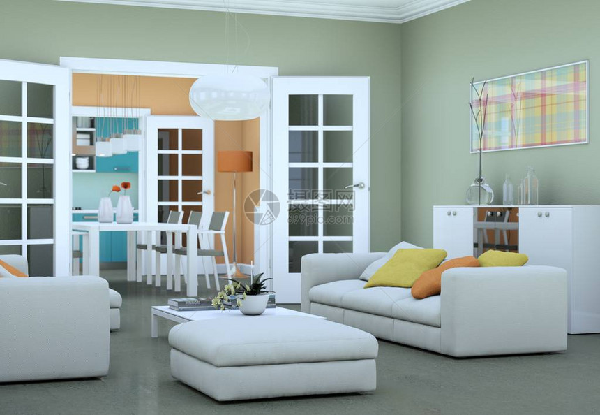 现代明亮的客厅室内设计与沙发3d插图图片