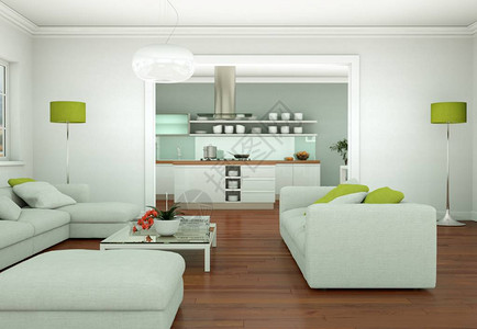 现代明亮的客厅室内设计与沙发3d插图图片