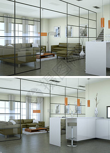 现代室内阁楼设计与绿色沙发3D招图片