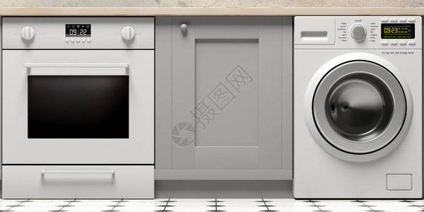 厨房橱柜电炉和洗衣机在砖地板前层图片