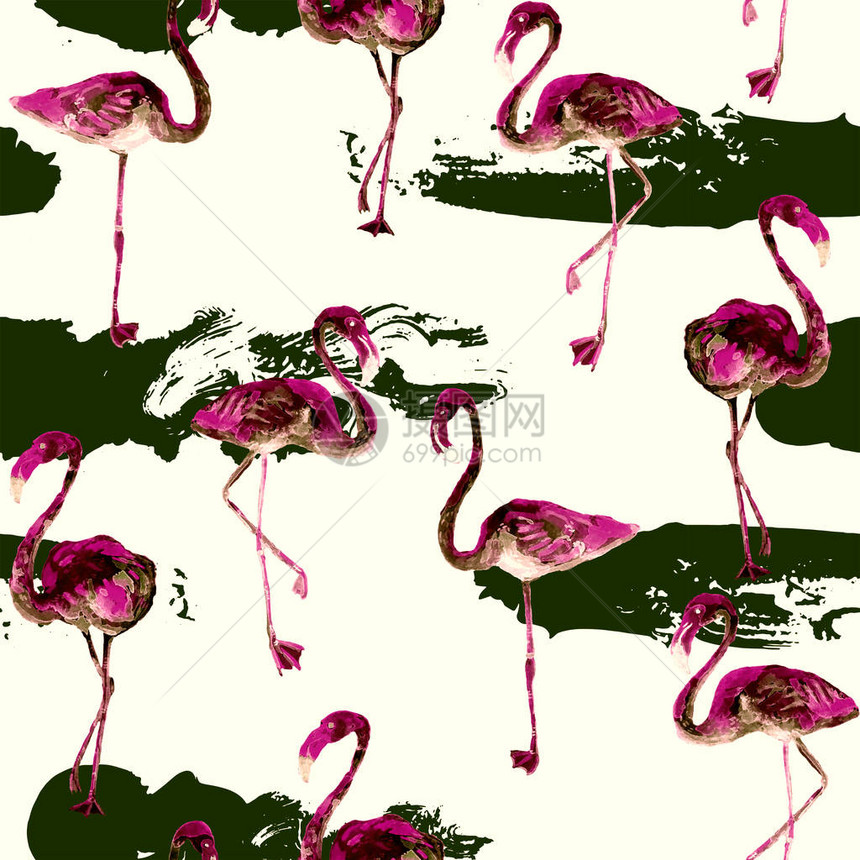 火烈鸟图案热带夏季绿色粉红色印花异国情调的春天纺织背景与鸟类时尚夏威夷丛林重复无缝瓷砖条纹植物泳装设计迈图片