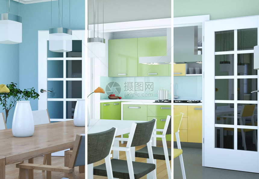 餐厅室内设计内部设计在现代公寓3D的彩色变图片