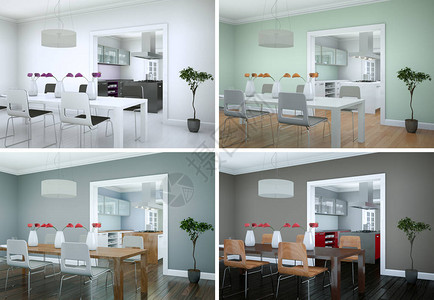 餐厅室内设计在现代公寓3D的四种颜色变化图示Na图片