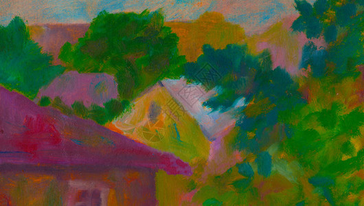 原始油画在布上有绿树和蓝天空的房子图片