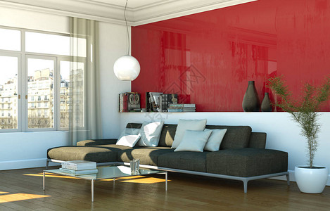室内设计明亮的房间与灰色沙发3d插图图片