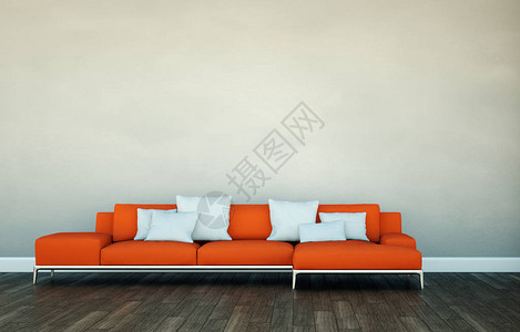 明亮的房间橙色沙发在灰墙图片